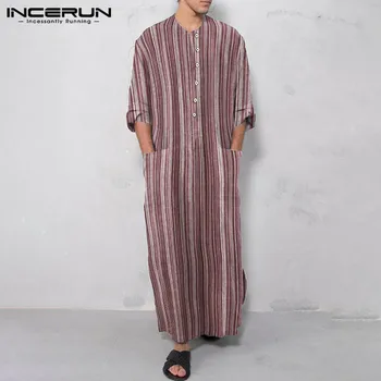 

INCERUN Men Muslim Islamic Arabic Kaftan Striped Vintage Button Pockets Long Sleeve Cotton Jubba Thobe Dubai Middle East Abaya