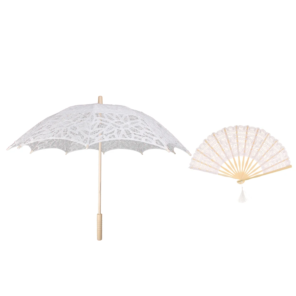 Fashion Lace Umbrella Parasol with Folding Hand Fan for Wedding Photography Dance Prop White