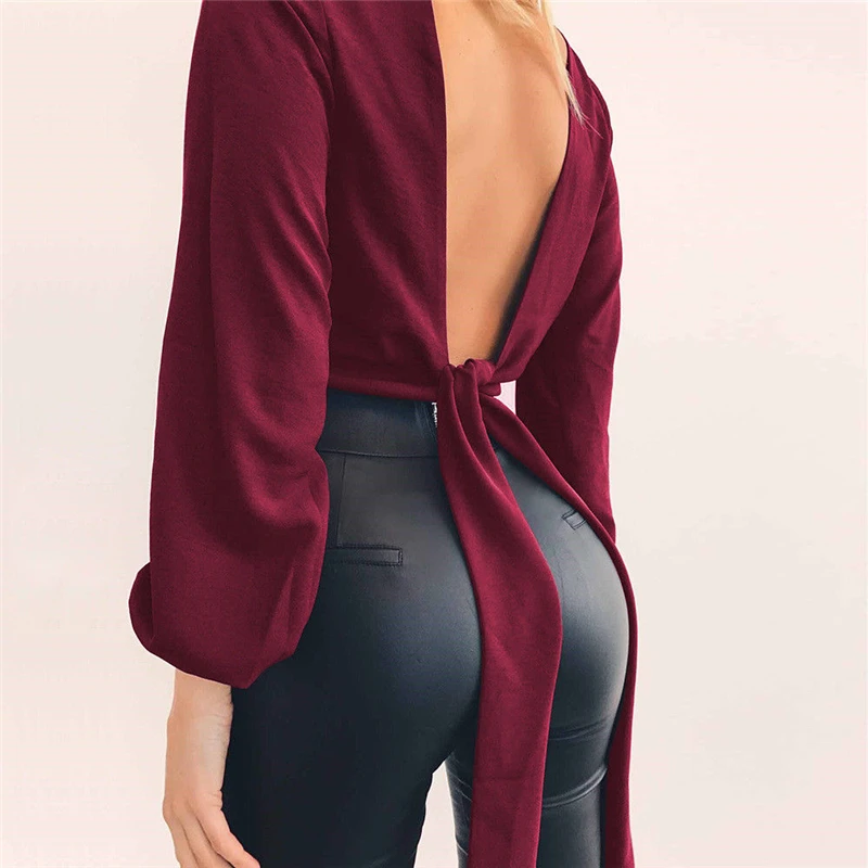Blusa de manga larga con escote en V para otoño, camisa Sexy con cintas cruzadas y lazo, Espalda descubierta, blusas Camisas de mujer, Tops