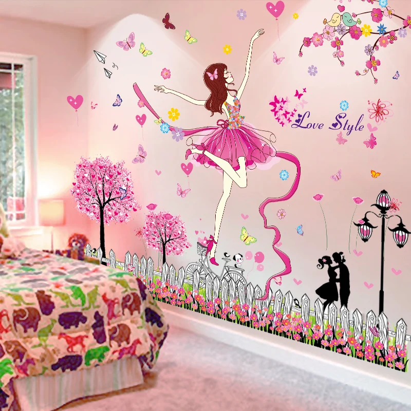 [SHIJUEHEZI] мультфильм девушка танцор наклейки на стену DIY Розовые фотообои с изображением деревьев наклейки для детской комнаты украшения для детской спальни Muursticker
