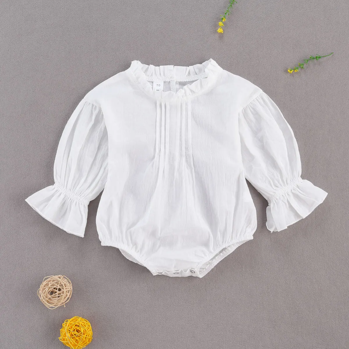 2021 Fashion 0-24M Infant Baby Girl Romper Shirt White Solid Long Sleeve O neck Top Playsuit Cute Puff Sleeve Blouse