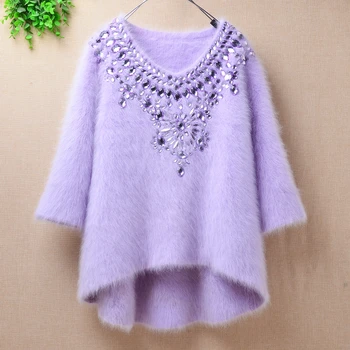 

Top female fashion vintage beading diamonds jumper half sleeves mink cashmere knitted angora rabbit fur sweater pullover blouses