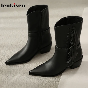 

Lenkisen genuine cow leather birtish school tassel motorcycle boots pointed toe med heels winter warm women mid-calf boots L23