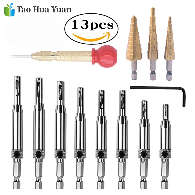 

13Pcs/set Woodworking Tools Doors Window Self Centering Hinge Tapper Core Drill Bit + 3Pcs Step Drill Bits Tools Set Hot Sale AA