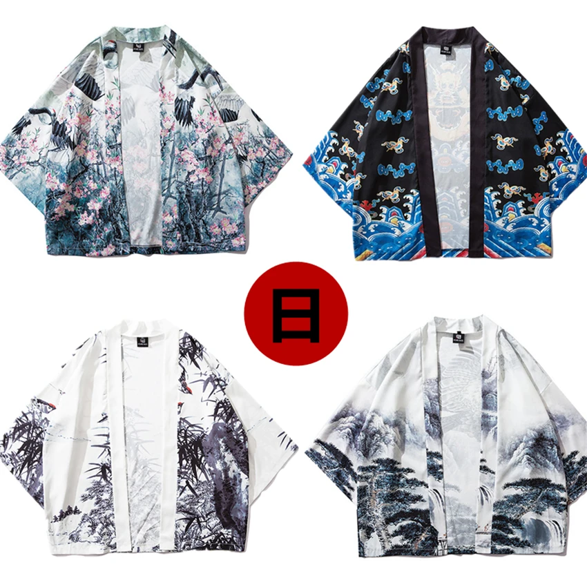 Style Kimono Samurai Haori Robes Print 