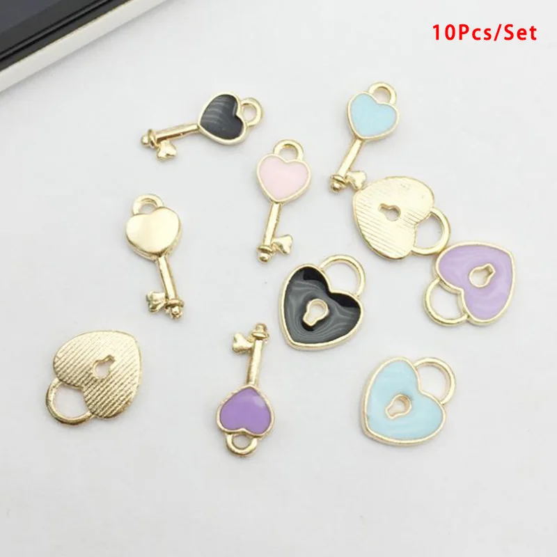 

10Pcs/Set Popular New Alloy Dangle Charms Enamel Lock And Key Of Love Pendant Oil Drop For Metal Earrings Hair Accessories DIY