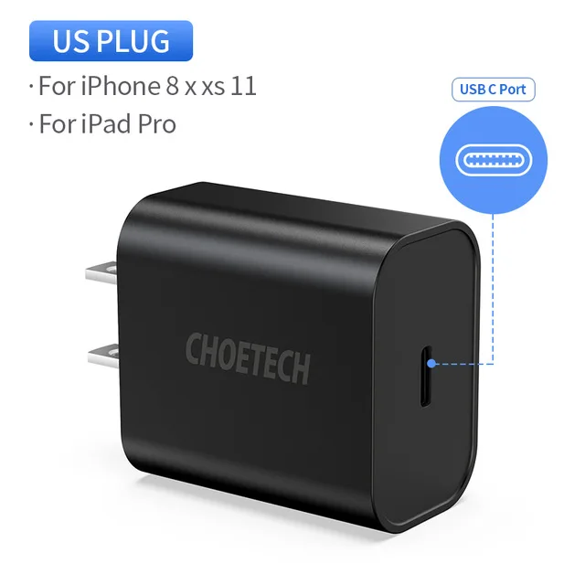 PD18WUS CHOETECH Quick Charge 3,0 18 Вт USB-C адаптер питания быстрое зарядное устройство PD для iPhone 11 Xs X 8 PD 3,0 usb type C зарядное устройство настенное зарядное устройство - Тип штекера: PD18WUS