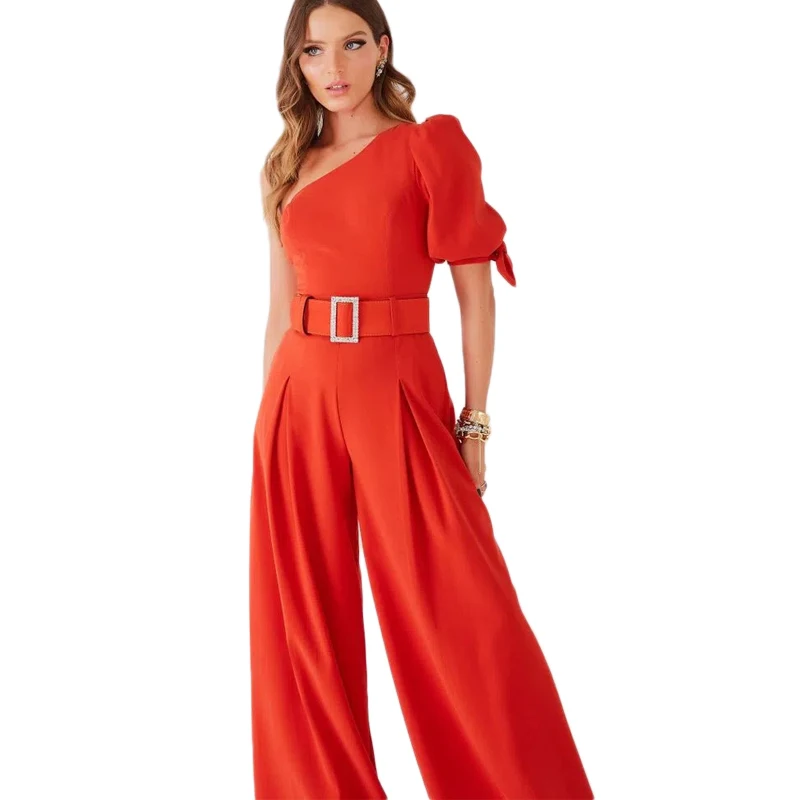 

Fashion Jumpsuits Women 2022 Summer Loose Casual Wide Leg Pant Female Floor Length One Shoulder Long Trouser Belt Maxi Jumpsuits