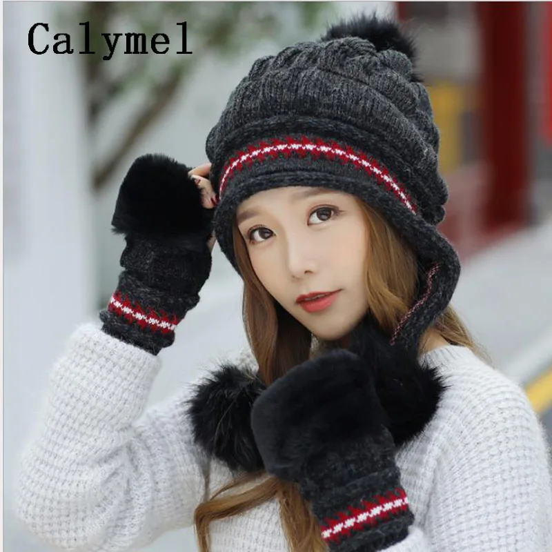 

Calymel 2019 New Wool Knit Hat Plus Velvet Thick Winter Hat Gloves Set Women's Outdoor Windproof Warm Hat And Gloves