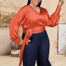 

Plus Size 5XL Lace-up Cardigan Top Women Blouse Elegant V-Neck Lantern Sleeve Shirt with Belt Female Office Work Wear Tops Tunic