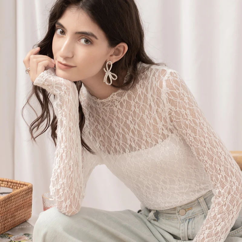 womens clothing Fashion Women Lace Shirt Women Sexy See-through Long Sleeve Mesh Plus Size Spring Summer Elastic Skinny Tops