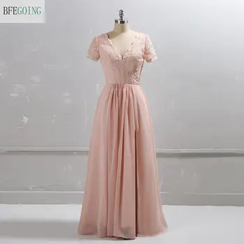 

Pink Chiffon Lace Short Sleeves V-Neck Backless Floor-Length A-line Mother of the Brides dress