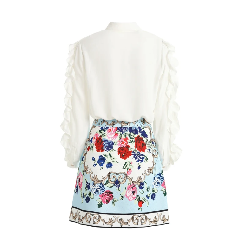Svoryxiu Women's Runway Skirt Suit Women's Lantern Sleeve Ruffles White Blouse+ Print Jacquard Skirt Elegant Two Piece Set