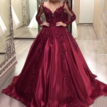 

Red Party Dress with Perspective Long Sleeves Sexy Bling Long Dresses 2020 V Neck Party A Line Dress Gowns For Women