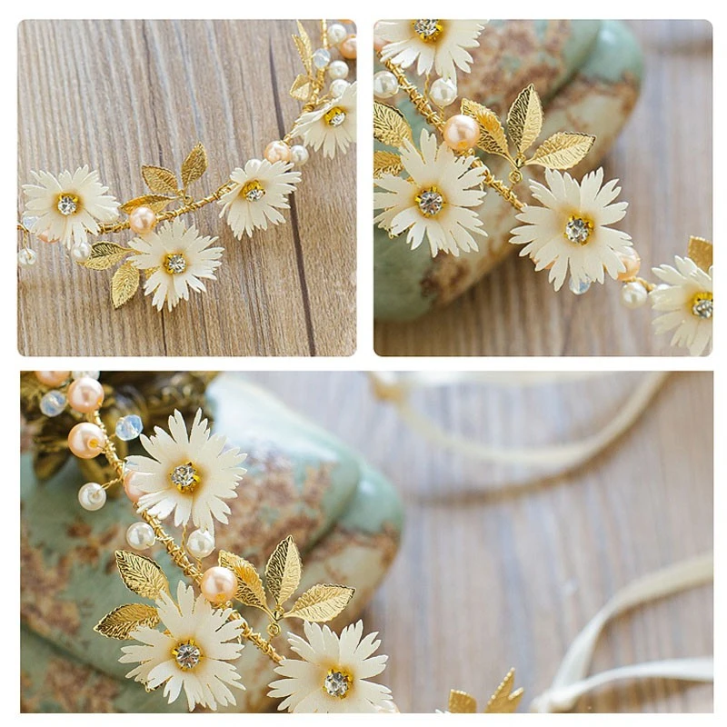 Bride Wedding Hair Accessories Pearl Floral Crown Garland Hairband Leaf Vine Headpiece Ornament