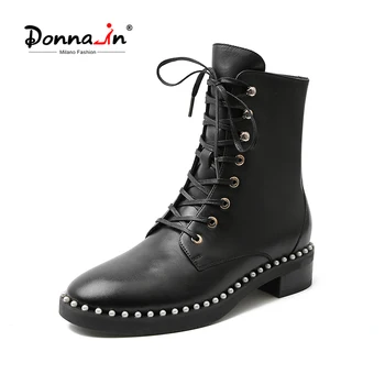 

Donna-in String Bead Boots Ladies Lace-up Platform Ankle Boots Autumn Elegant Women Black Genuine Leather Boots