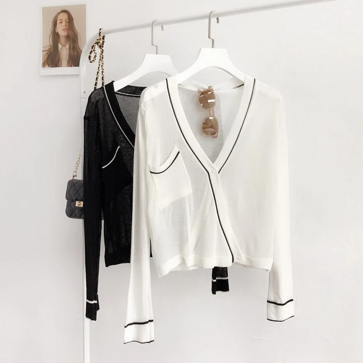 

Knitted Cardigan Women Summer Thin Coat Korean Long Sleeve Black White Kimono Cardigan