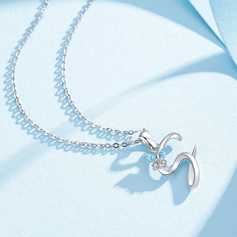 925 Sterling Silver Letter S Pendant Initial A Alphabet 8 Letters Necklace with blue crystal butterfly Jewelry CYD109-2