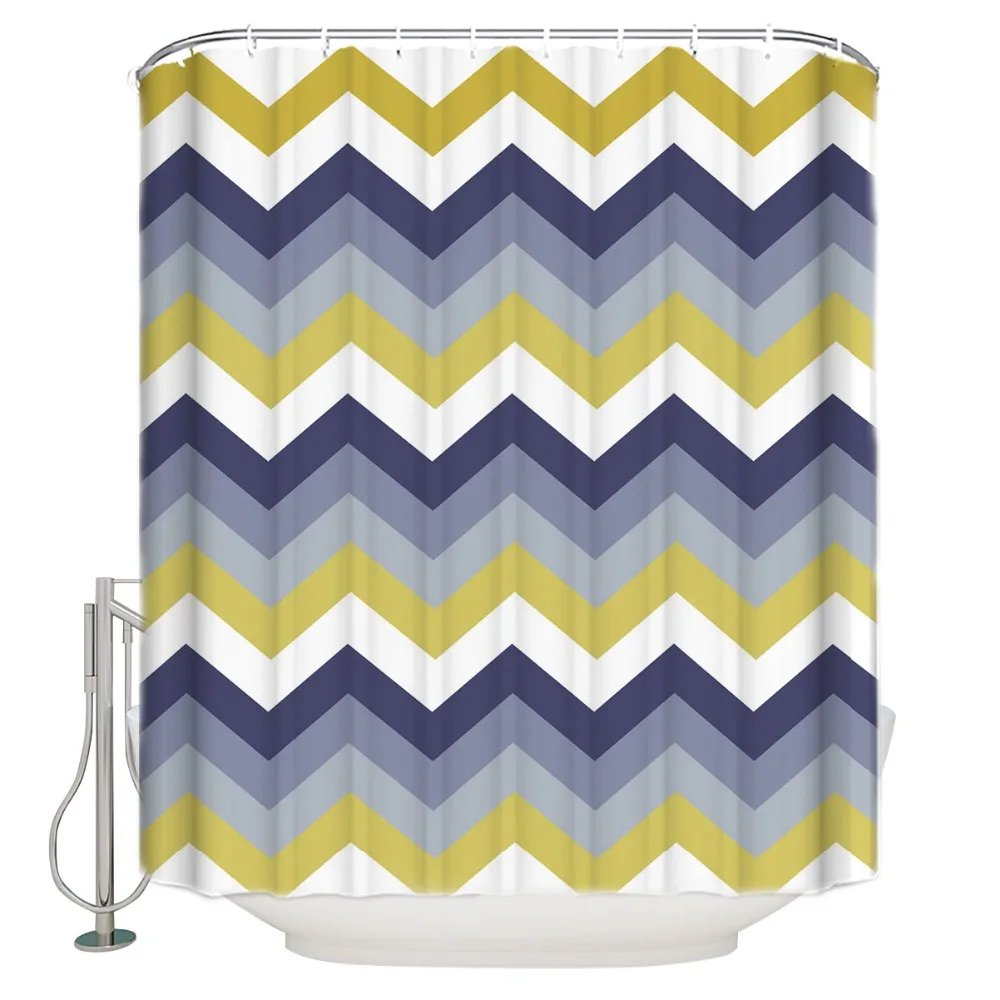 Bohemian Striped Waves Striped Pattern with Gold Glitter Polyester Fabric Bathroom Shower Curtain Set with Hooks