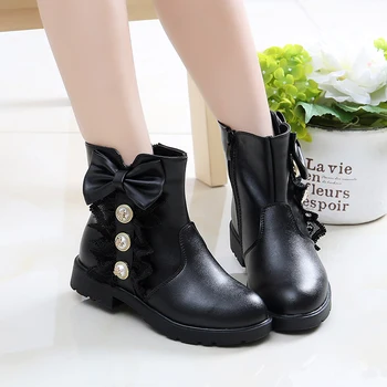 

MudiPanda Children's Boots Fashion Lace Bow Leather Girls Princess Shoes Winter New Slip Plus Velvet Warm Kids Snow Boots Red
