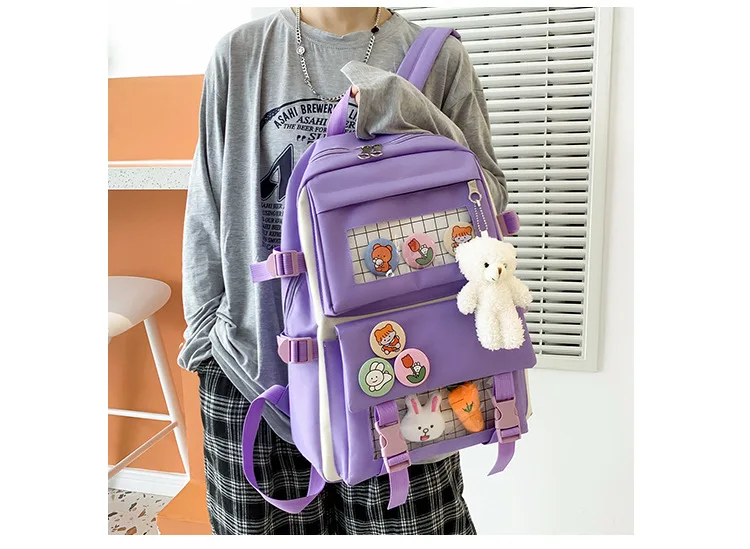 2021 New 4 Pcs Set Kawaii Women's Backpack Purple Colours Cute Canvas School Bags for Teenage Girls College Student Kids BookBag