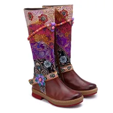 Женские кожаные высокие сапоги ручной работы в богемном стиле; сапоги до колена с цветочным узором и разноцветным узором; теплая нескользящая обувь до середины икры