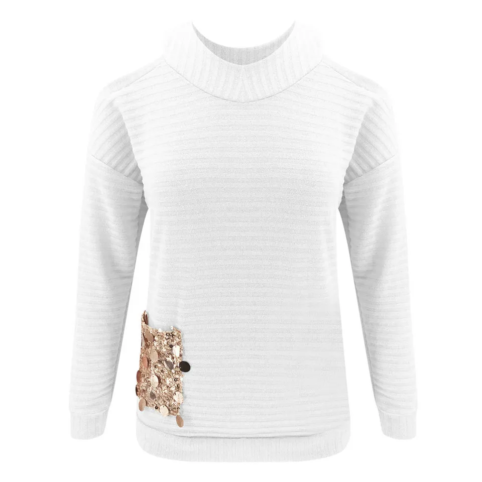 Женские повседневные свободные футболки в стиле пэчворк с вырезами, украшенные пайетками, с круглым вырезом, с длинным рукавом, однотонные, Осенние, зимние пуловеры, Топ