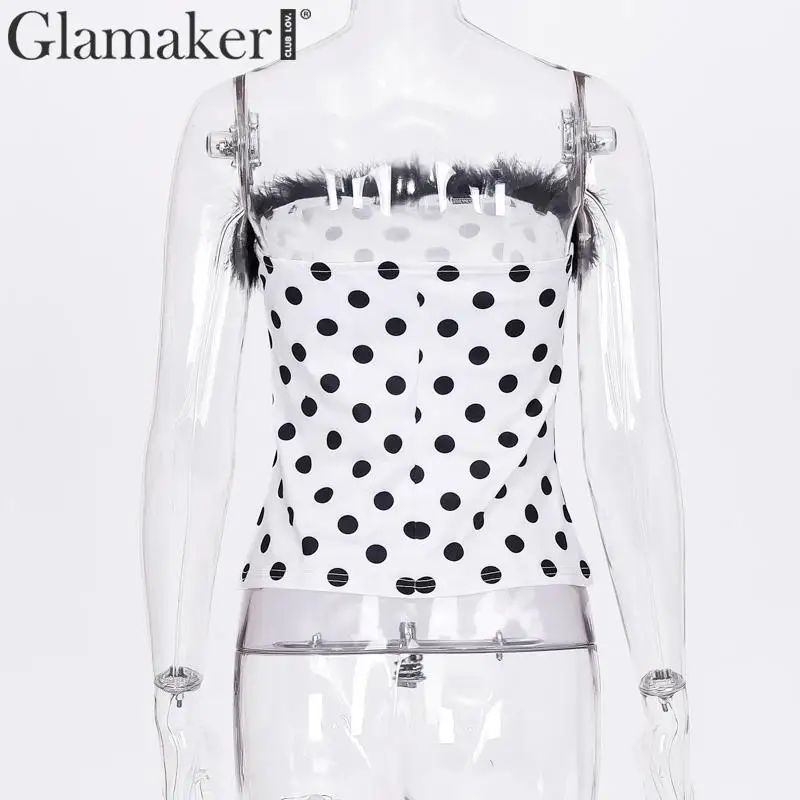 Glamaker, трикотажные майки в горошек с открытыми плечами, женские элегантные майки в стиле пэчворк с перьями, женские пикантные вечерние майки на осень и зиму
