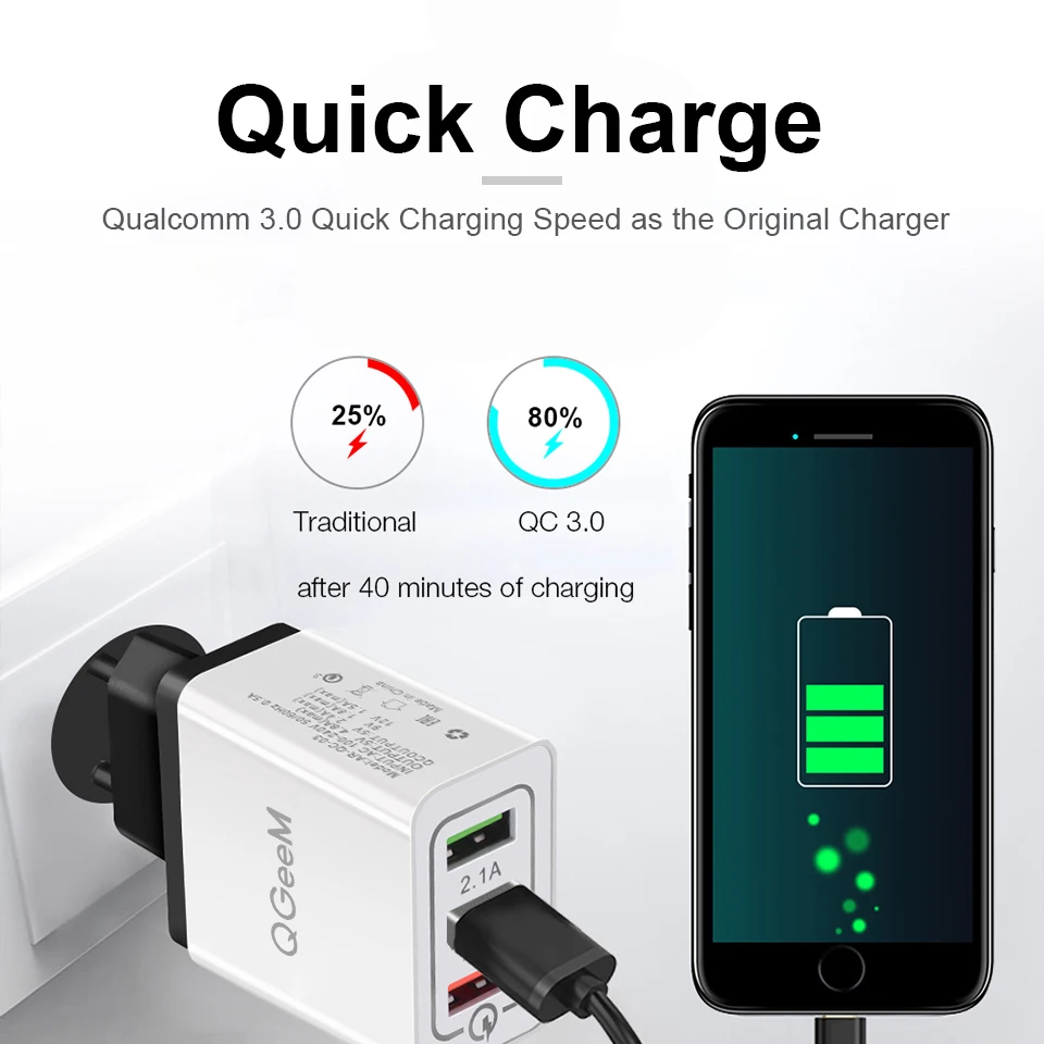 QGEEM 3 USB зарядное устройство Быстрая зарядка 3,0 быстрое USB настенное зарядное устройство портативное мобильное зарядное устройство QC 3,0 адаптер для Xiaomi iPhone X EU US Plug