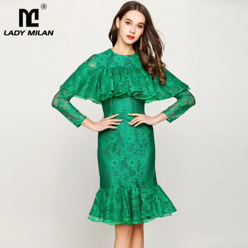

Lady Milan Women's Runway Dresses O Neck Long Sleeves Ruffles Lace Fashion Homecoming Mermaid Dresses