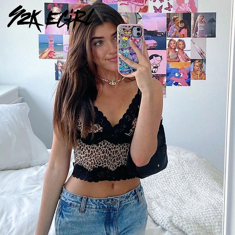 

Y2K EGIRL Wild Leopard Printing Spaghetti Strap Lace Trim Cami Tops Vintage Deep V-neck Backless Slim Crop Tops Autumn Partywear