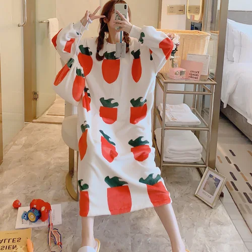 nightgown Женская фланелевая теплая ночная рубашка, зимняя Коралловая бархатная Ночная юбка, свободная, для отдыха, женские длинные ночные рубашки, одежда для сна с сумкой для хранения - Цвет: nightgown