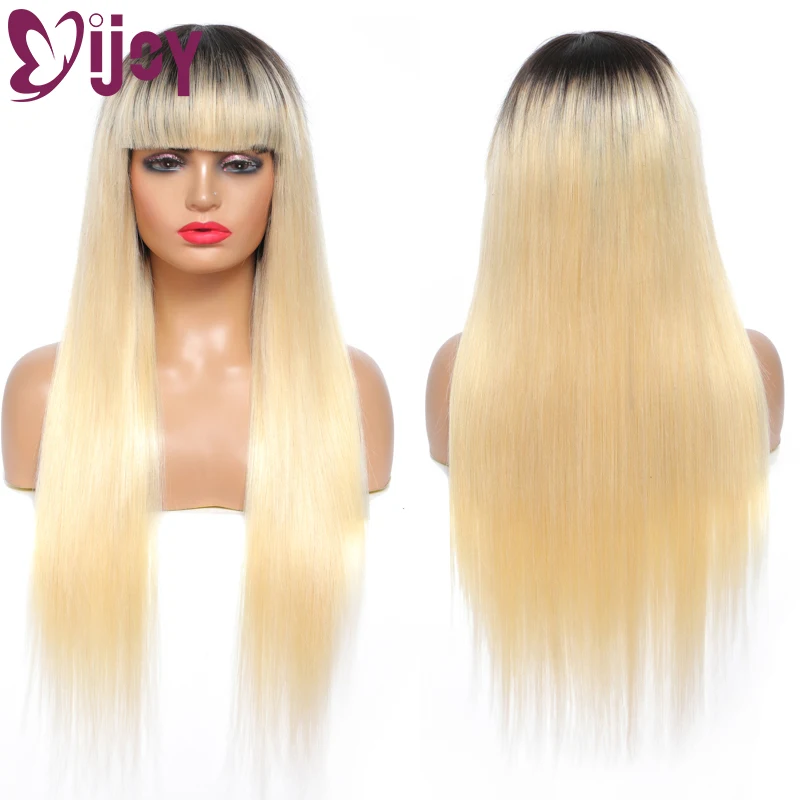 1B 613 Blonde Brazilian Straight Human Hiar Wigs With Bangs IJOY Full Machine Made Wig For Women Brazilian Remy Human Hair Wig