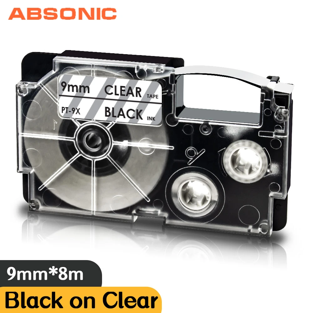 Absonic XR-9X XR 9X Compatible for Casio 9mm Label Tape Black on Clear 3/8 Width Replace for Casio KL-60 KL-8200 KL-8800 Labeler
