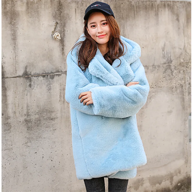 High Quality Women Faux Rabbit Fur Coat Luxury Long Fur Coat Loose Hooded Fur Jacket Warm Overcoat Female Winter Plush Coats