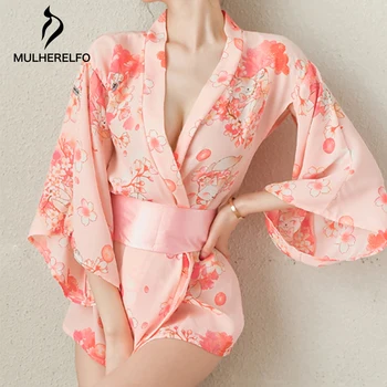 

Women Japanese Kimono Sleepwear Sexy Pink Cherry Blossom Romantic Chiffon Fun Uniform See Through Underwear Nightdress Female