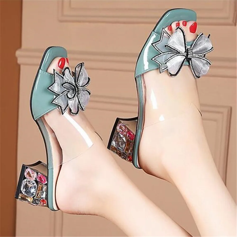 

2024 Sexy Transparent Bow Summer Sandals Slippers Women High Heel Shoes Female Casual Square Toe Leather Slides Green Gray Black
