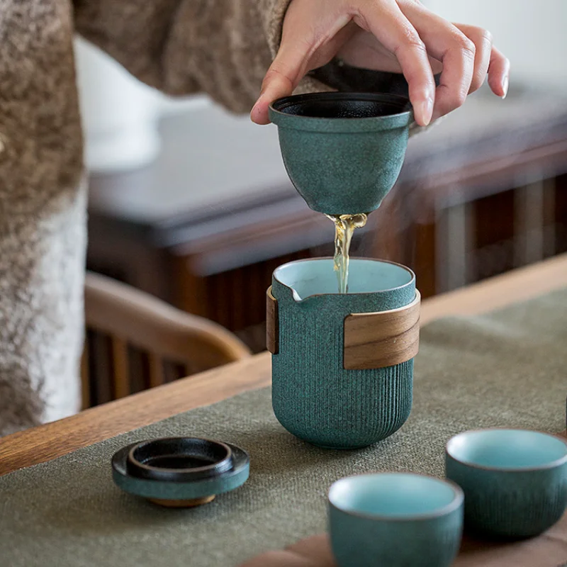 green-stone-glaze-stripe-tea-cup-ceramic-travel-portable-tea-set-outdoor