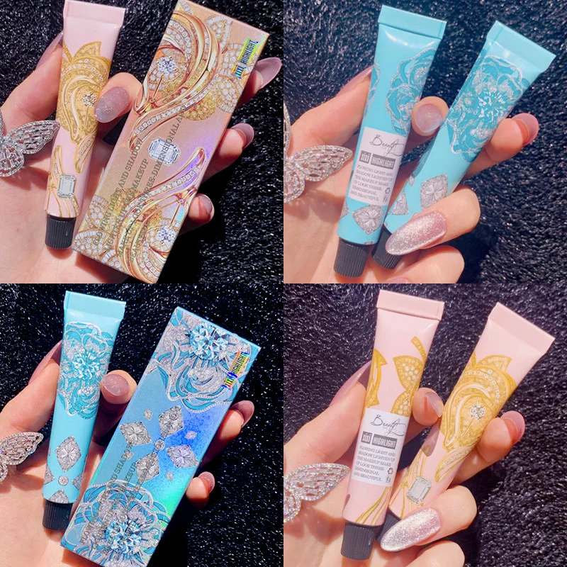 1pcs Diamond Shimmer Highlighter Face Contour Brighten Body Glow Makeup Illuminator Blue Gold Liquid Highlight Cream Cosmetics