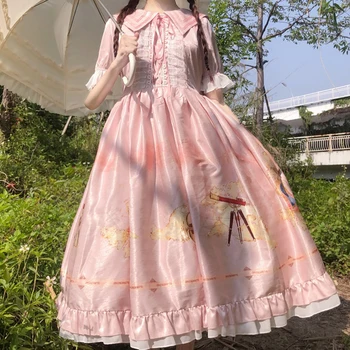 

2020 Fairy Pink Lolita Dress OP Short Sleeve Kawaii Clothing Renaissance Victorian Gothic Long Skirt Loli Summer Dress New 3880