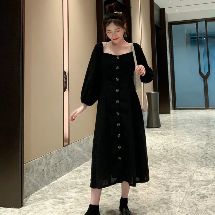 Женское однобортное платье размера плюс приталенное черное с