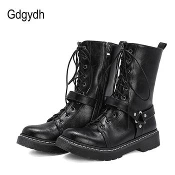 

Gdgydh 2020 Autumn Punk Buckle Women Motorcycle Boots Lace-up Zipper Female Ankle Boots Plus Size 34-43 High Quality Women Shoes