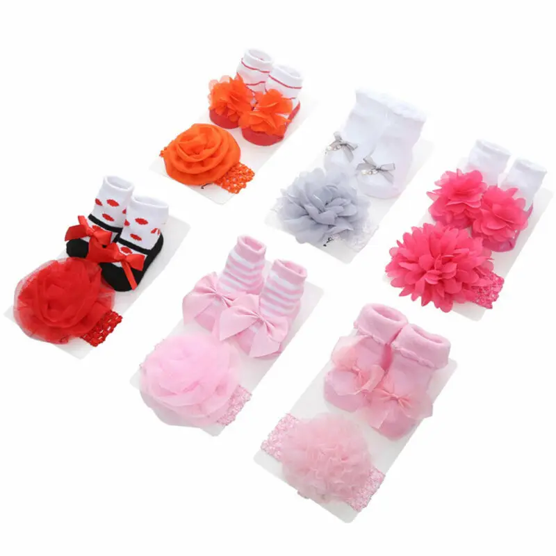 2020 Baby Stuff Newborn Solid Color Lace Socks Bow Princess Cute Bowknot Socks+ Hair Band set Photo Props Shower |