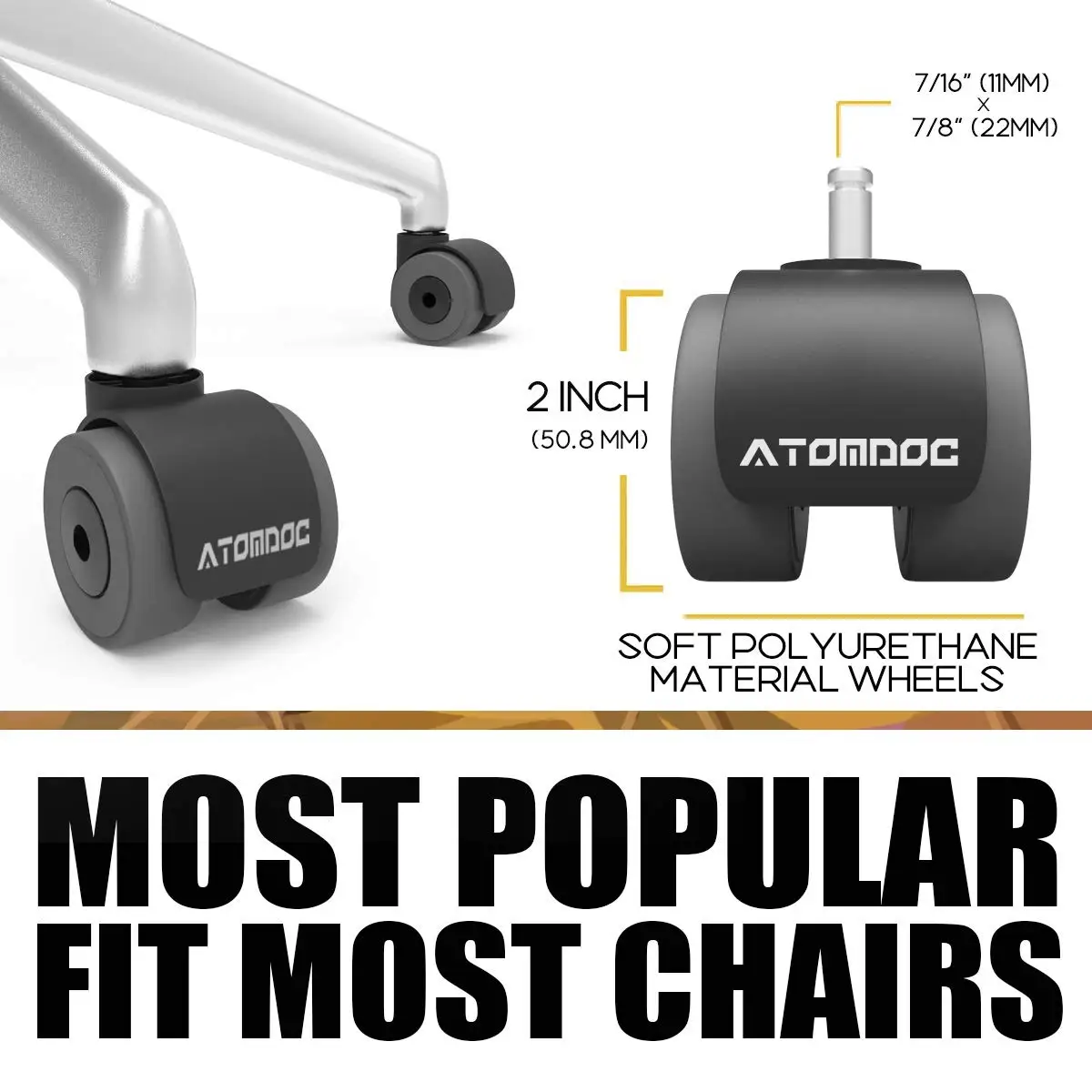 Универсальные бесшумные ролики для офисных стульев ATOMDOC 5 шт. 2 дюйма сменные