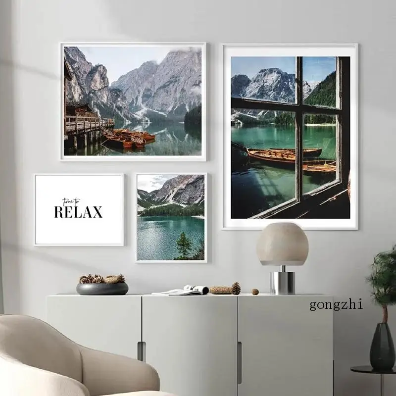 Nordic Mountain Lake Boat Window Poster Nature Landscape Canvas Painting Stampe Modern Wall Art Picture Living Room Home Decor