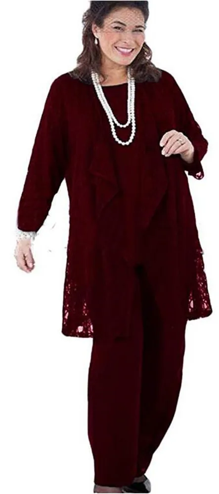 3 PCs Lace Chiffon Moeder Van de Bruid Plus Size Broekpak Lange Mouw Moeders Pak Met Lange Kant Jacket voor bruiloft 3 PCs Lace Chiffon Moeder Van de Bruid Plus Size Broekpak Lange Mouw Moeders Pak Met Lange Kant Jacket voor bruiloft