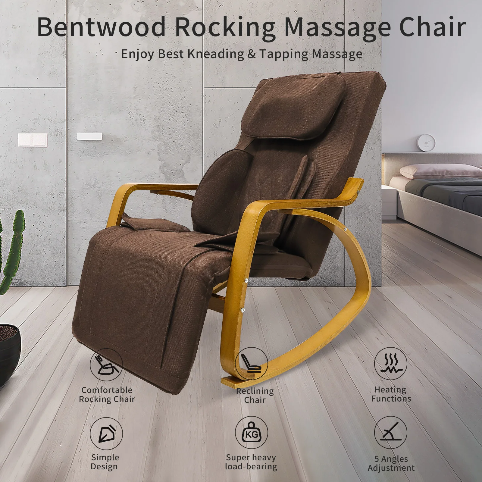 1INCH Rocking Chair Full Back Neck and Shoulder Shiatsu Massager Chair Beige Vibrating and Heating With Electric Full Body Comfortable Relax Massage Lounge Recliner 