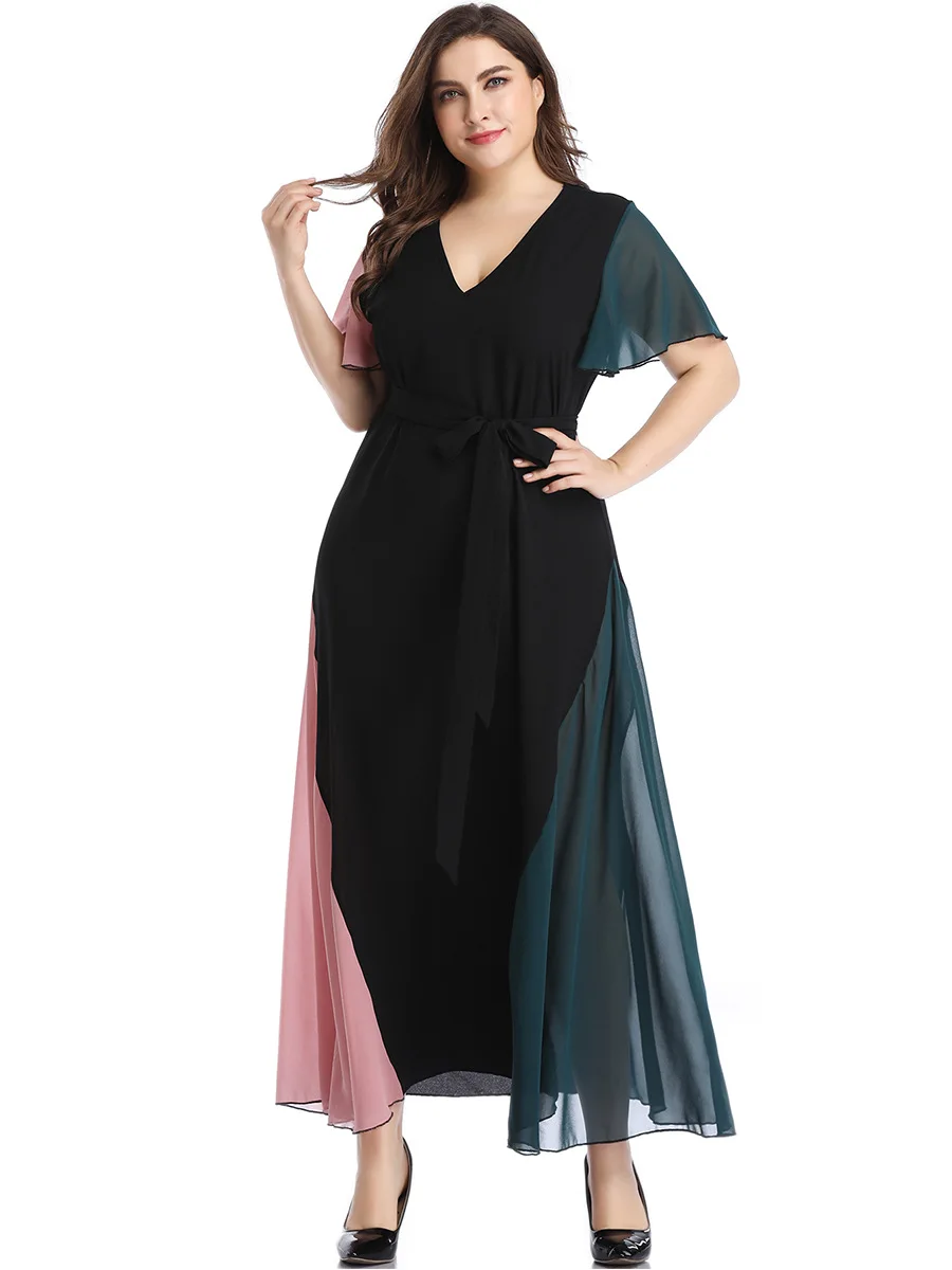 Новые женские длинные летние платья размера плюс для женщин элегантное свободное Повседневное платье с коротким рукавом и большим v-образным вырезом на поясе 3XL 4XL 5XL 6XL 7XL