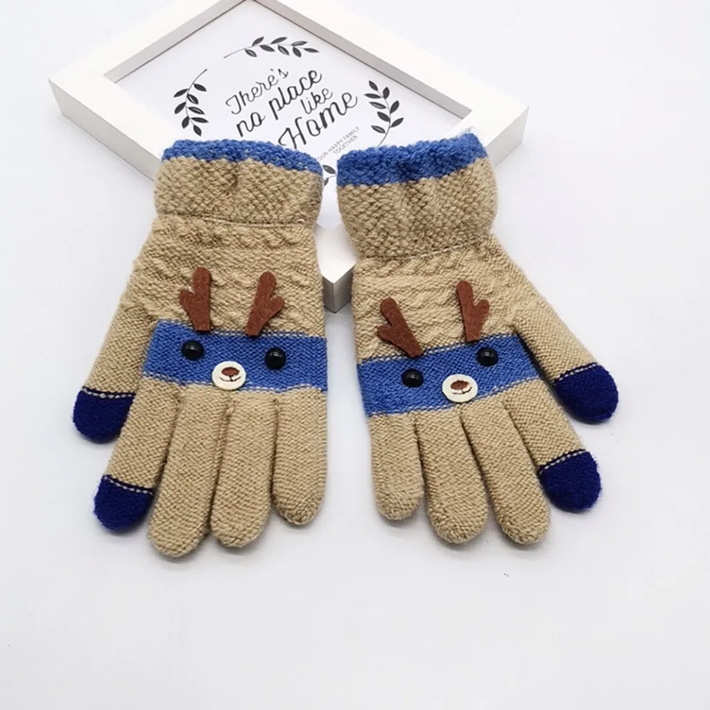 Зимние теплые бархатные утепленные хлопковые перчатки; Рождественские Зимние Детские Разноцветные теплые вязаные перчатки с рисунком оленя из мультфильма