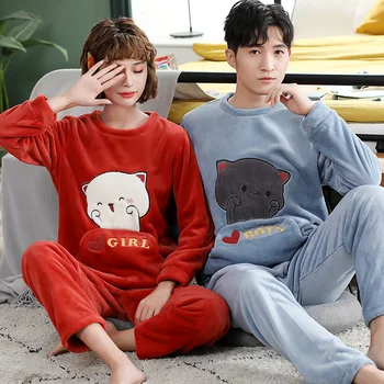 

2020 Adult Couple Pajamas Women Winter Velvet Sleepwear Thickening Warm Flannel Pajamas Set Animal Cartoon Cute Homewear